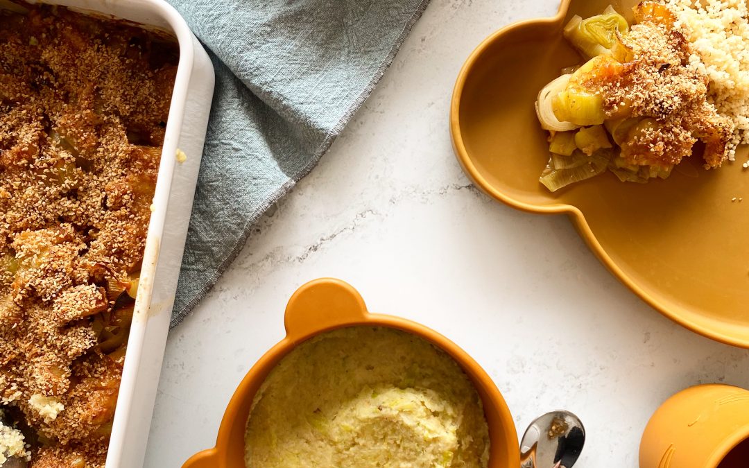 Panais caramélisés et poireaux crémeux en gratin, semoule