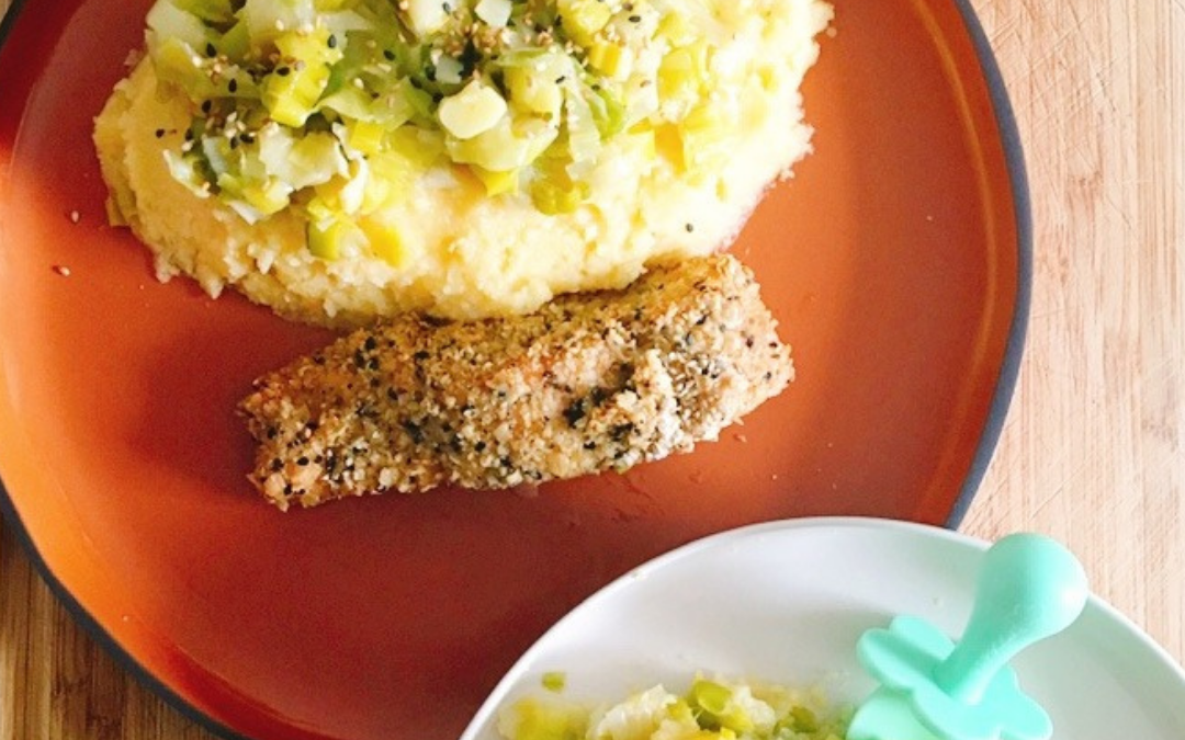 Saumon pané, fondue de poireaux et polenta crémeuse
